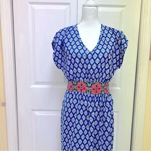 Alya | Blue and White Patterned Maxi Dress | Size Large